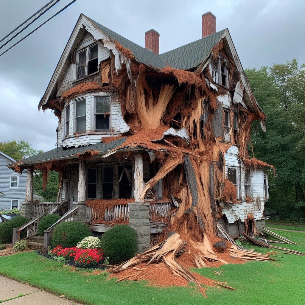 Damaged tree on an Newburyport home showing signs of disease and decay
